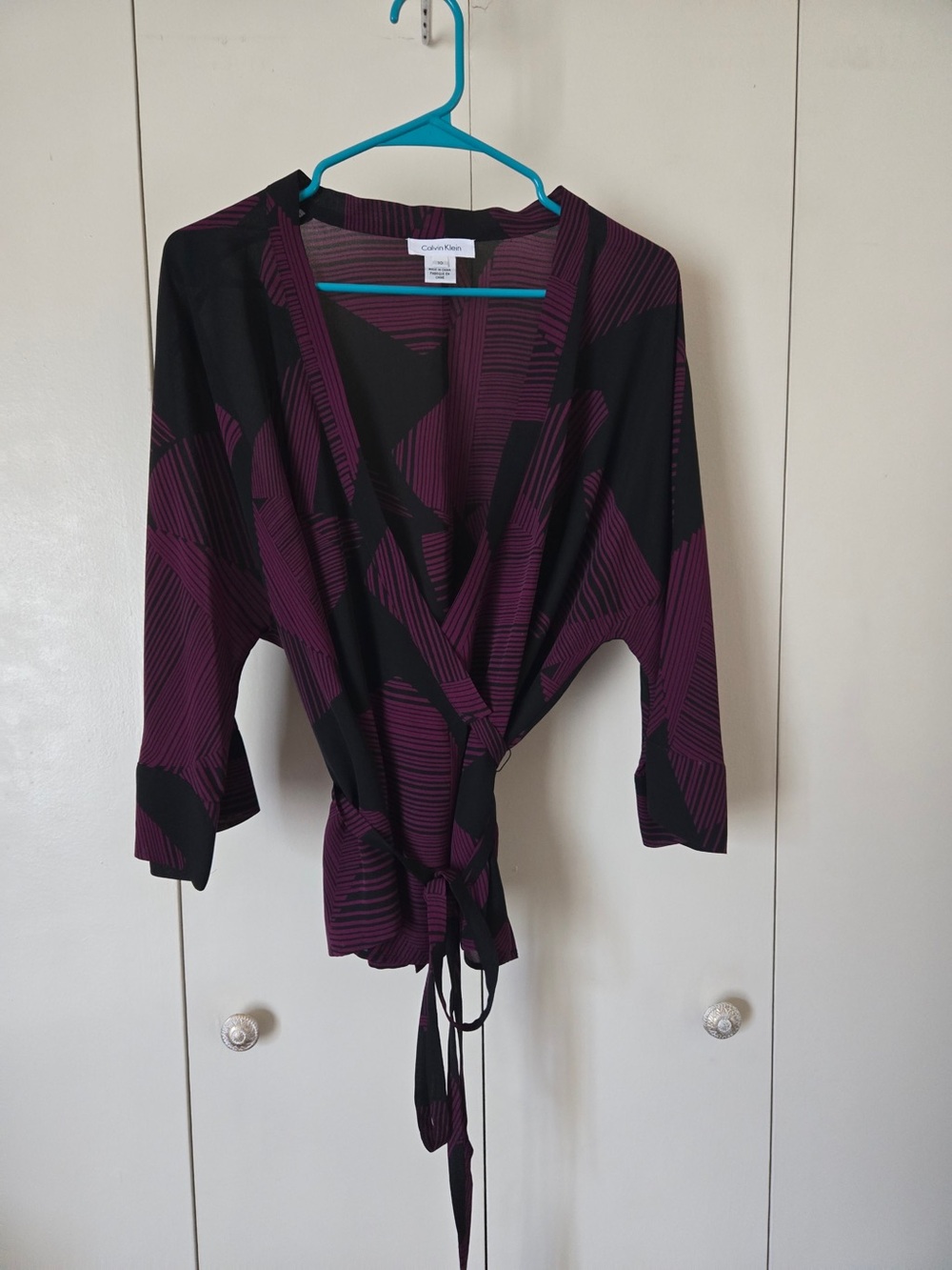 Calvin Klein Black & Plum Wrap Top, Spring and Summer